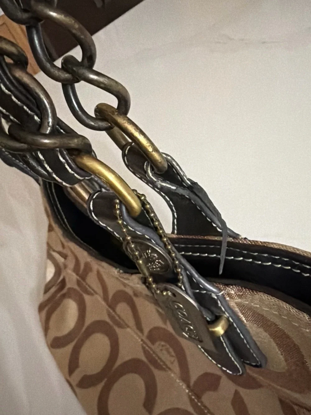Coach Beige and Brown Signature Chain-Handle Tote